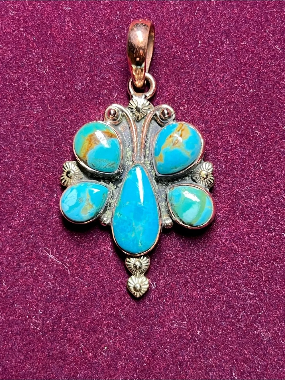 Exquisite Kingman Turquoise Butterfly Pendant set in Solid Copper with 5  Stones